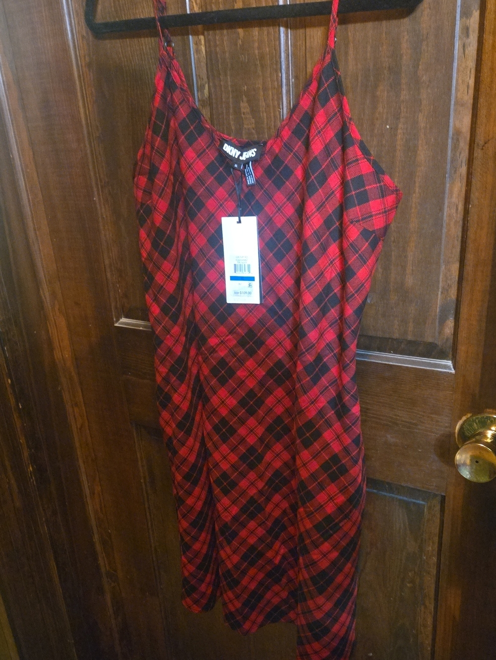 DKNY Red and Black Plaid Midi Slip Dress NWT